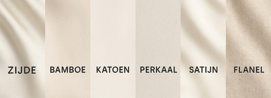 Zijden Kussensloop vergeleken met bamboe, katoen, perkaal, satijn en flanel - stoftexturen naast elkaar, gelabeld.