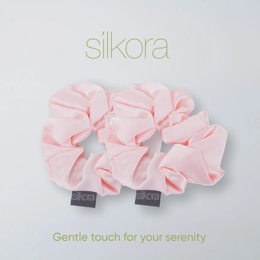 Silkora Premium Silk Scrunchies - 100% Mulberry Silk - Set of 2 - Large - Antibacterial, Hypoallergenic, Hair Friendly - Lotus Pink