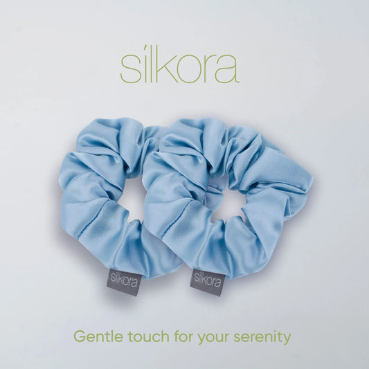 Silkora Premium Silk Scrunchies - 100% Mulberry Silk - Set of 2 - Large - Antibacterial, Hypoallergenic, Hair Friendly - Icy Blue