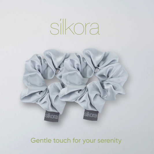 Silkora Premium Silk Scrunchies - 100% Mulberry Silk - Set of 2 - Large - Antibacterial, Hypoallergenic, Hair Friendly - Silver Grey