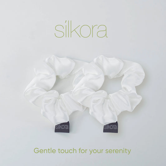 Silkora Premium Silk Scrunchies - 100% Mulberry Silk - Set of 2 - Small - Antibacterial, Hypoallergenic, Hair Friendly - Off-White