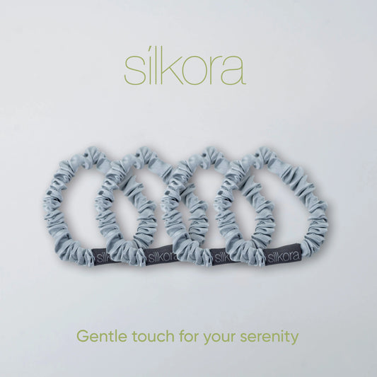 Silkora Premium Silk Scrunchies - 100% Mulberry Silk - Set of 4 - Small - Antibacterial, Hypoallergenic, Hair Friendly - Silver Grey
