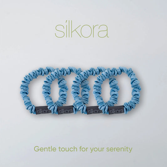Silkora Premium Silk Scrunchies - 100% Mulberry Silk - Set of 4 - Small - Antibacterial, Hypoallergenic, Hair Friendly - Icy Blue
