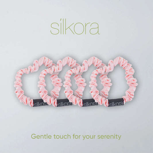 Silkora Premium Silk Scrunchies - 100% Mulberry Silk - Set of 4 - Small - Antibacterial, Hypoallergenic, Hair Friendly - Lotus Pink